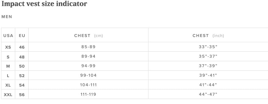 size chart for Mystic impact vests - Men