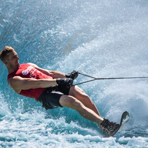 Slalom waterskiing wake crossing. Watersports Warehouse, Cape Town